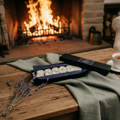 Lavender ylang ylang wax melts with lavender petals in gift box on coffee table by open fireplace

