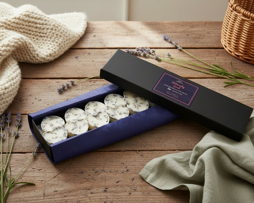 Lavender ylang ylang wax melts with lavender petals in gift box displayed on wooden table
