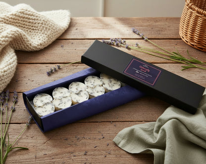 Lavender ylang ylang wax melts with lavender petals in gift box displayed on wooden table
