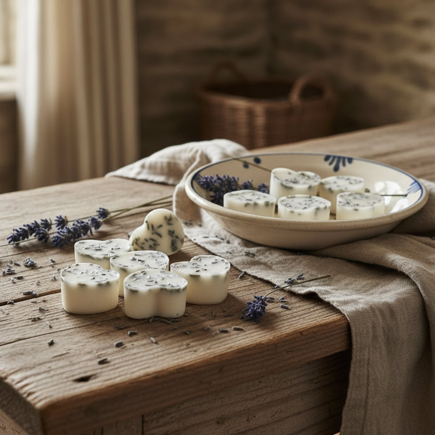 Lavender ylang ylang wax melts with lavender petals displayed on rustic table with natural essential oils
