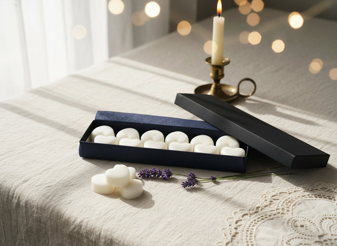 Lavender ylang ylang wax melts in presentation box on table with organic essential oils

