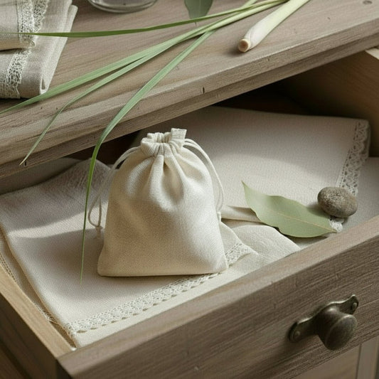 Natural muslin cotton sachet with lemongrass scent, handmade drawer freshener with calendula and mineral salts