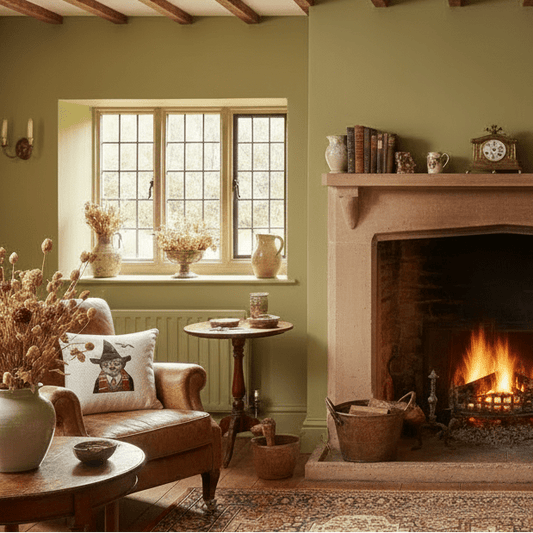 Magical Cat tapestry cushion on brown leather chair in cottage-style room with fireplace, warm countryside decor