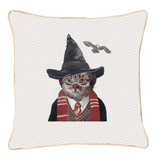 Magical Cat tapestry cushion cover in warm tones with vegan leather trim, whimsical countryside style, 45x45cm