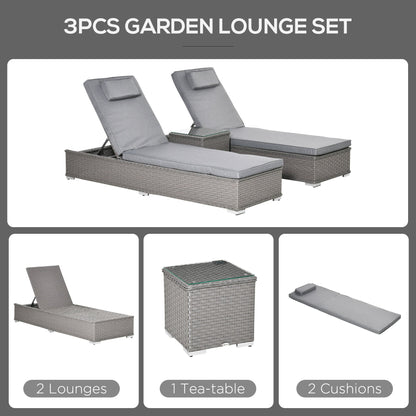 The Mottisfont Lounging Trio – full view of 3-piece outdoor rattan sun lounger set in weathered grey, including two reclining loungers and a tempered glass side table styled together