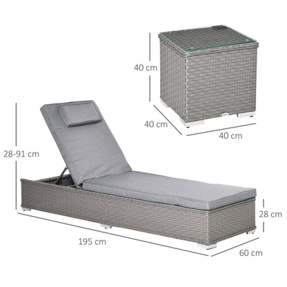 The Mottisfont Lounging Trio – side view of 3-piece outdoor rattan sun lounger set in weathered grey, showing reclining lounger, side table and the dimensions.