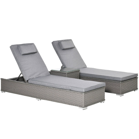 The Mottisfont Lounging Trio – 3-piece outdoor rattan sun lounger set in weathered grey, featuring two reclining loungers and a side table on a blank background