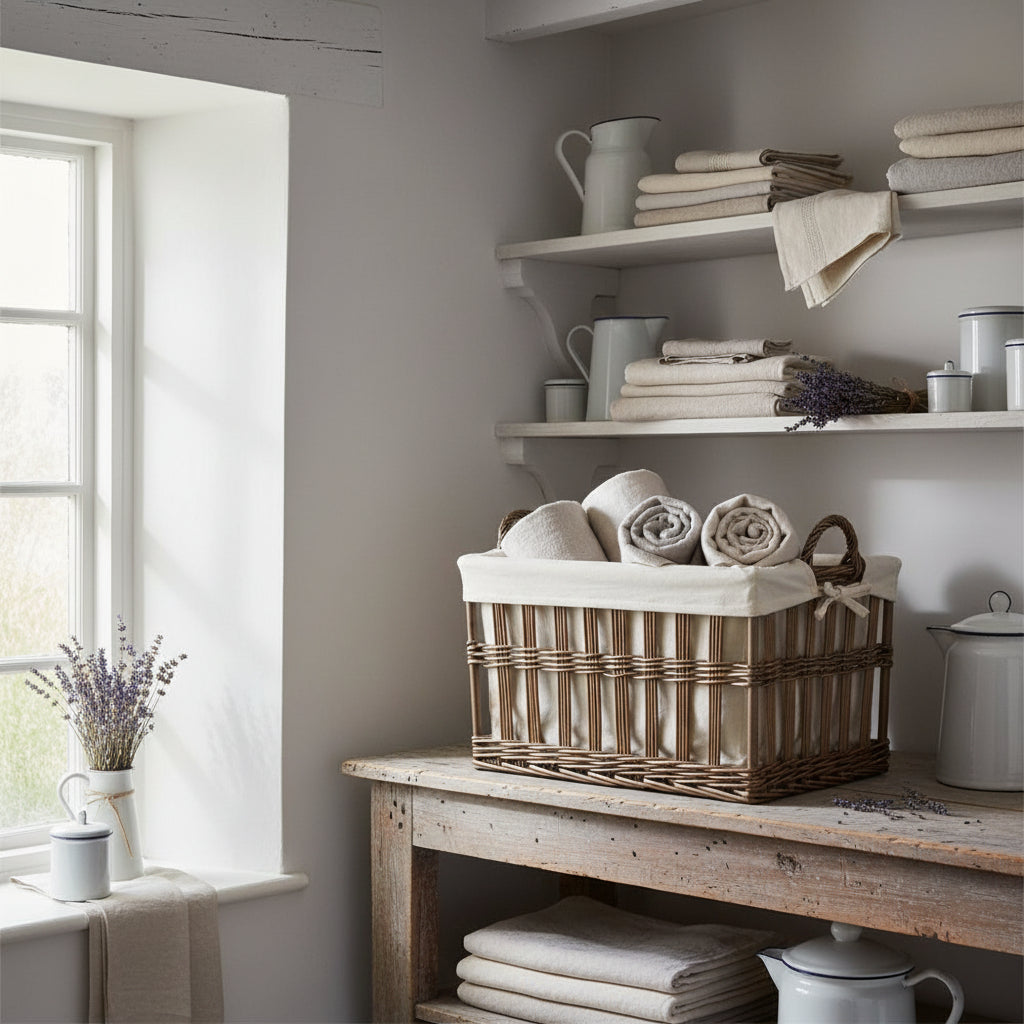 Openwork wicker laundry basket antique wash on linen table in linen room with cotton lining

