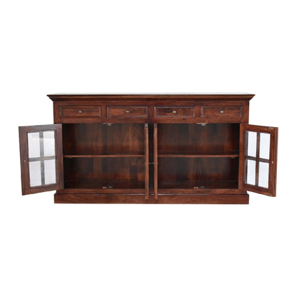 Front view of cherry-glazed sideboard with doors open, crafted from solid mango wood, part of The Osborne Collection, showing interior cabinet space, approx. 165cm wide × 38cm deep × 90cm high