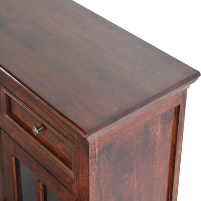 Top-down view of cherry-glazed sideboard crafted from solid mango wood with four glazed doors and drawers, part of The Osborne Collection, measuring 165cm wide × 38cm deep × 90cm high