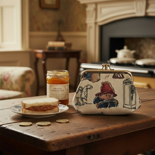 Paddington Bear frame purse on table with coins and marmalade sandwich, eco tapestry, warm beige tones, whimsical gift styling