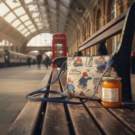 Paddington Bear™ sling bag on station bench with marmalade jar, red phone box, and train in background