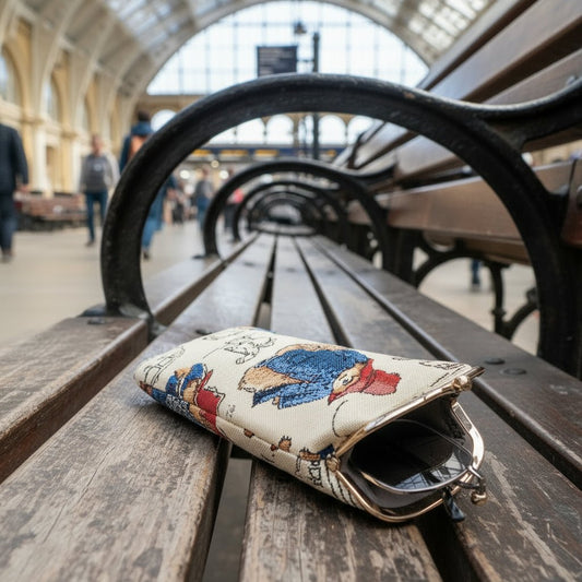 Paddington Bear tapestry glasses case in multicolour, left on wooden bench at a train Station, vintage clasp style