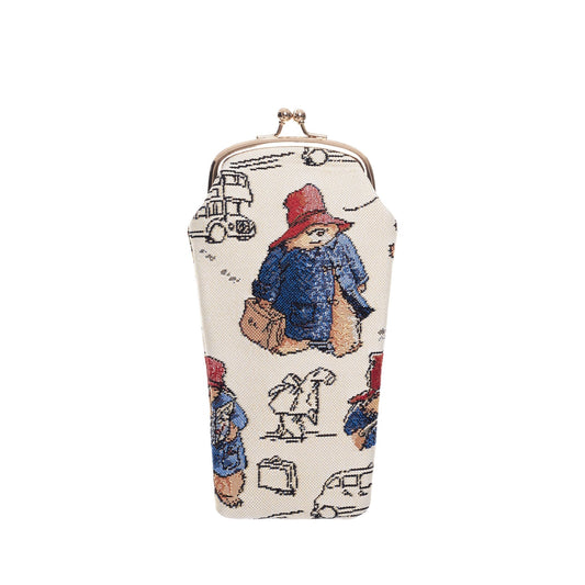 Paddington Bear tapestry glasses case in multicolour with clasp, shown on white background, compact pouch for everyday use