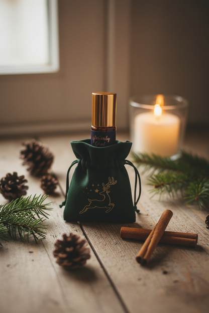 Peppermint eucalyptus pine roll-on Christmas aromatherapy gift on wooden table with cinnamon, pinecones, firs, candle
