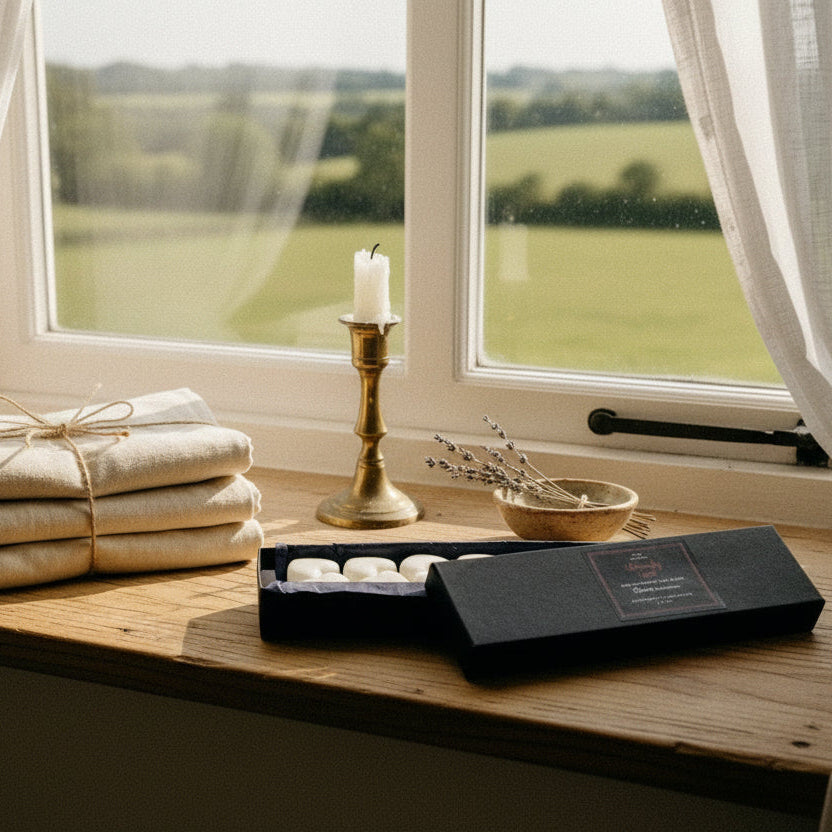 Peppermint eucalyptus pine wax melts in presentation box with organic essential oils for rustic home
