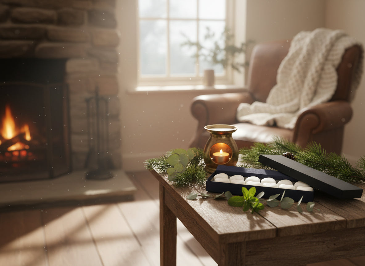 Peppermint eucalyptus pine wax melts with organic essential oils on rustic table by cottage fireplace
