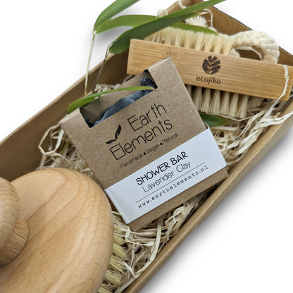 Eco-friendly vegan soap and wooden brush gift set in kraft box with natural bristles and rustic countryside styling
