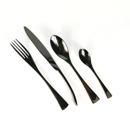 Ravenswell matte black stainless steel cutlery set isolated on blank background—minimalist styling with rustic elegance and timeless utility.