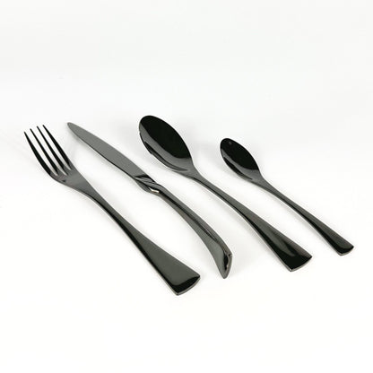 Ravenswell matte black stainless steel cutlery set isolated on blank background—minimalist styling with rustic elegance and timeless utility.