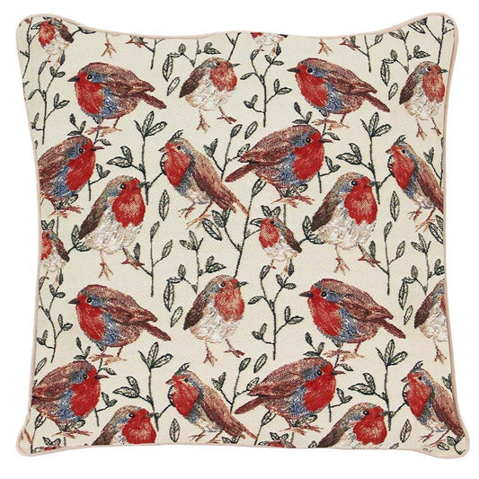 Robin tapestry cushion cover on white background, warm tones, woodland style, 45cm square, rustic countryside home décor