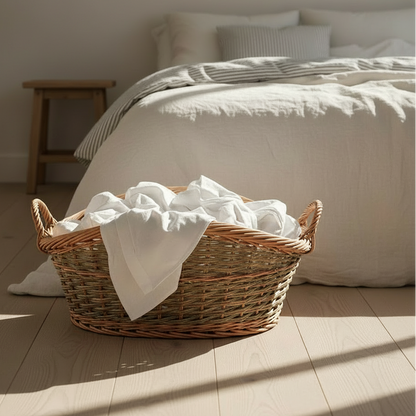 Oval wicker laundry basket filled with linen, placed on bedroom floor for timeless charm