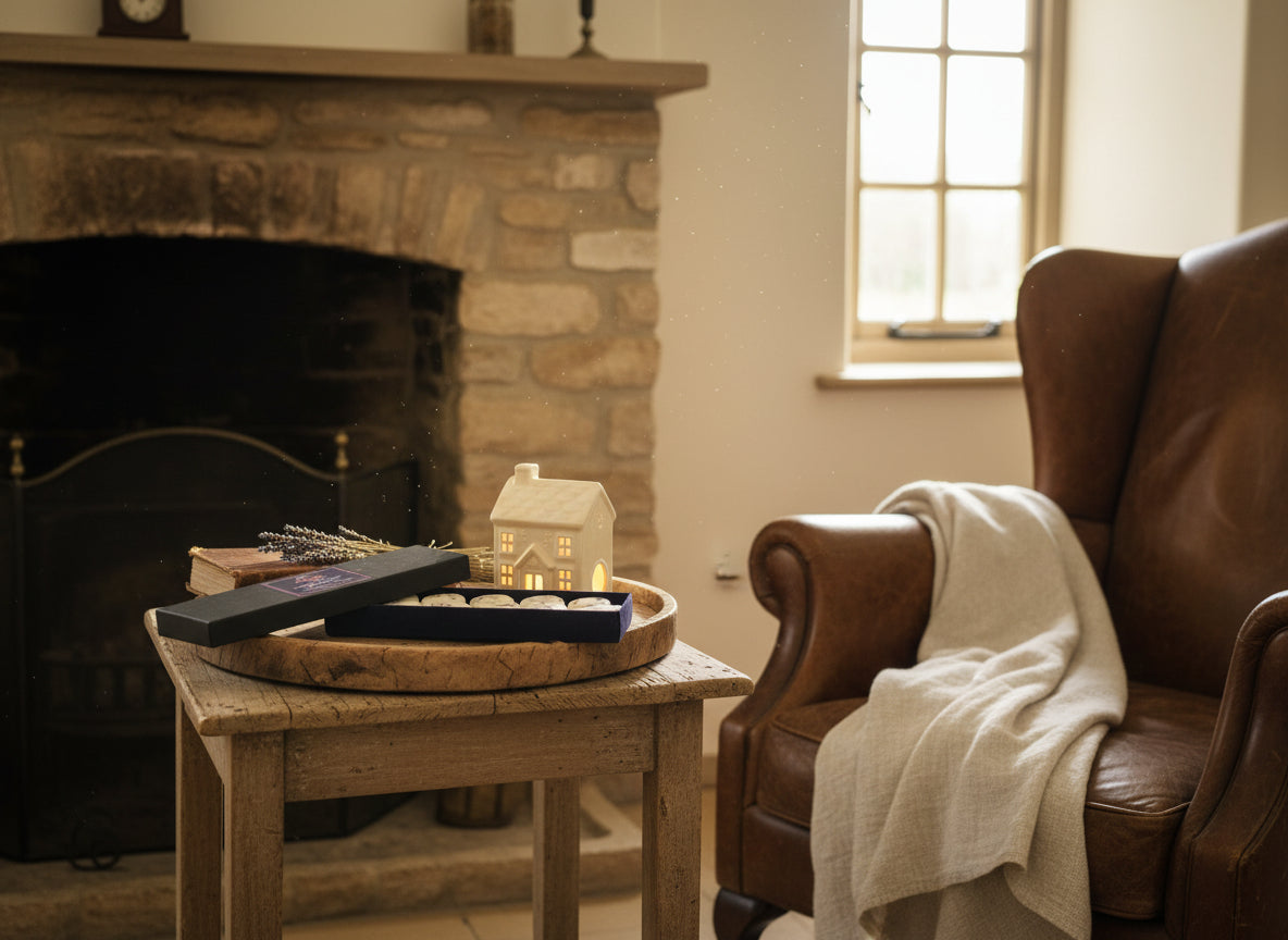 Rose geranium lavender ylang ylang vetiver wax melts with rose petals on table in country cottage room
