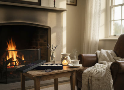 Rose geranium lavender ylang ylang vetiver wax melts with rose petals in gift box and wax burner in cottage lounge
