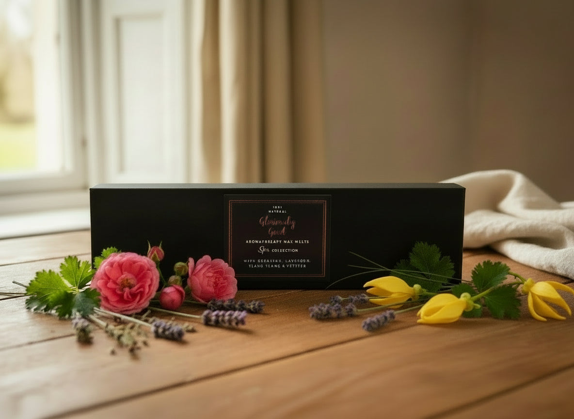 Rose geranium lavender ylang ylang vetiver wax melts with rose petals in presentation box with flowers
