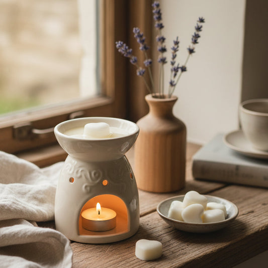 Rose geranium lavender ylang ylang wax melts in bowl and wax burner on rustic window sill

