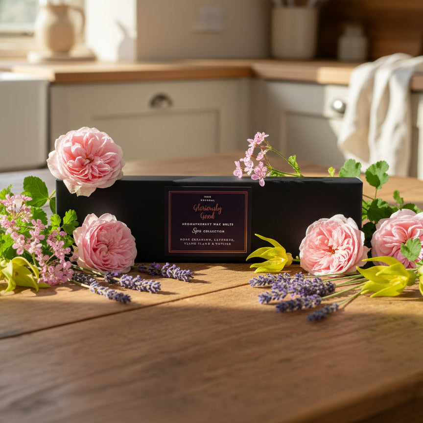 Rose geranium lavender ylang ylang wax melts in gift box on kitchen table surrounded with flowers

