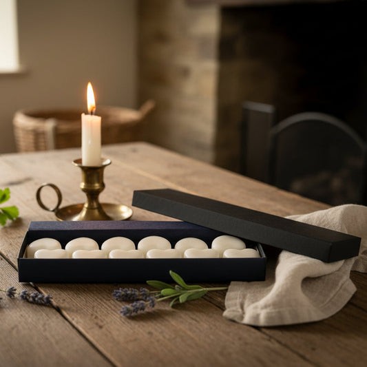 Rose geranium lavender ylang ylang wax melts in presentation box on kitchen table with essential oils
