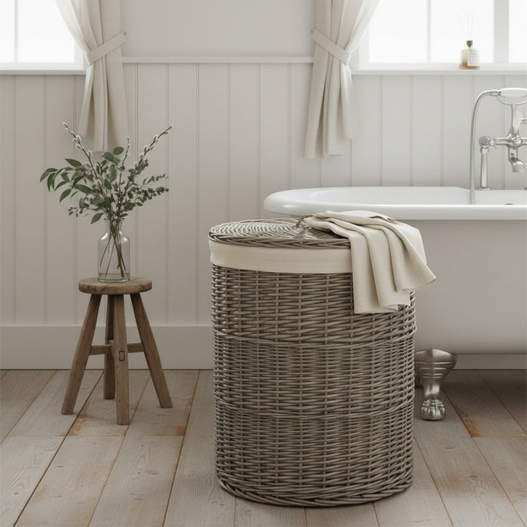 Round wicker laundry basket antique wash in beaded panelled bathroom with rolltop bath, wooden floor and milking stool

