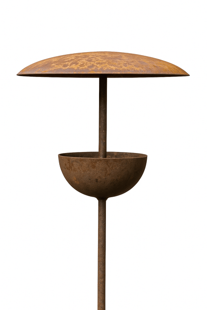 Close-up of handcrafted rusty bird feeder stake in mild steel, featuring sculptural songbird detail and natural patina. Artisan garden decor designed to age beautifully and invite wildlife.