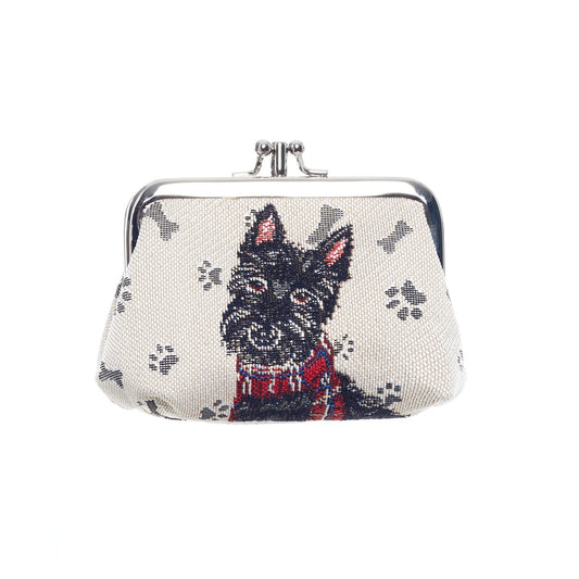 Scottie Dog tapestry frame purse with eco-dyed fabric, clasp and heritage design on blank background