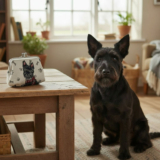 Scottie dog tapestry frame purse with eco-dyed fabric, vegan leather trim, double clasp, heritage style UK