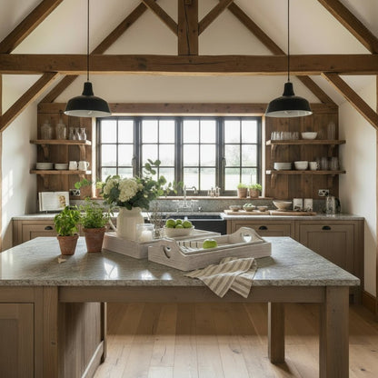 Two shallow heart wooden trays nested together on rustic kitchen island, soft-grain wood styling with countryside charm