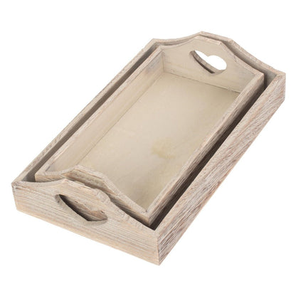 Two shallow heart wooden trays nested together on white background, rustic storage styling in soft-grain wood