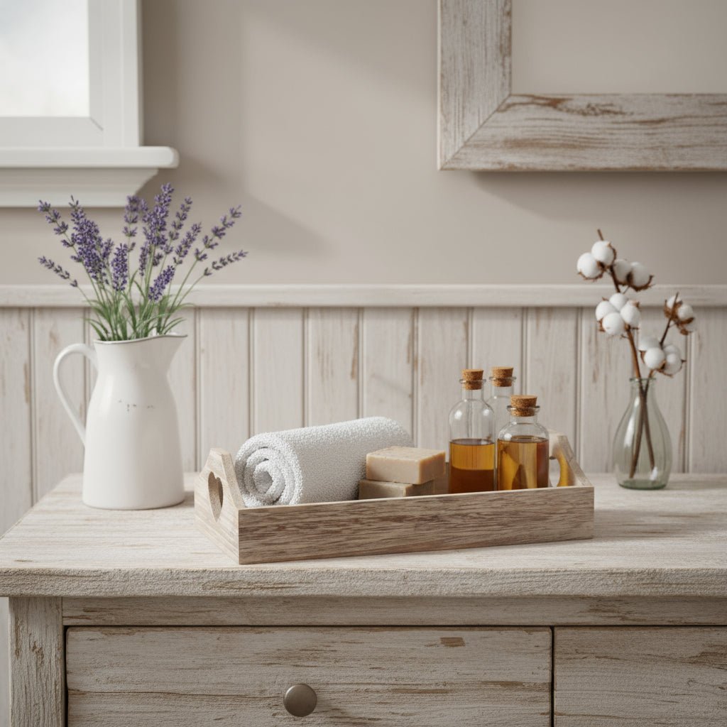 Shallow heart wooden tray in beige country bathroom with towel and toiletries, rustic display styling