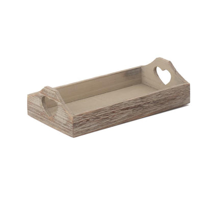 Single shallow heart wooden tray on white background, soft-grain wood with rustic charm for kitchen or bathroom styling