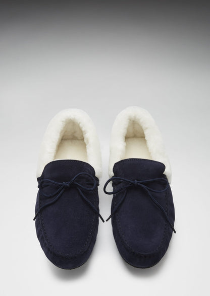 Slippers, sheepskin, navy blue suede - The Timeless Trading Co.