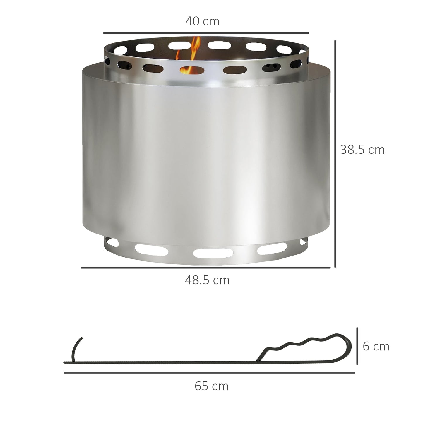 Dimensions of 48.5cm smokeless fire pit in silver stainless steel, approx. 48.5cm W × 38.5cm H, rustic outdoor garden heater design