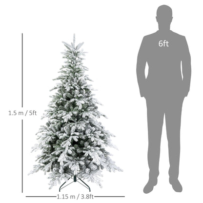 5ft snow-flocked artificial Christmas tree with warm white LED lights shown with overlaid dimensions. Full bushy silhouette and heritage-inspired festive styling.