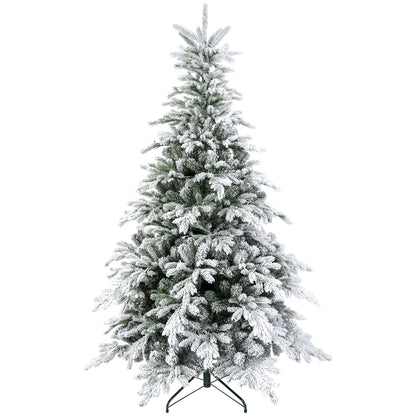 5ft snow-flocked artificial Christmas tree with warm white LED lights, shown on a blank background. Bushy silhouette with soft white branches and heritage styling.