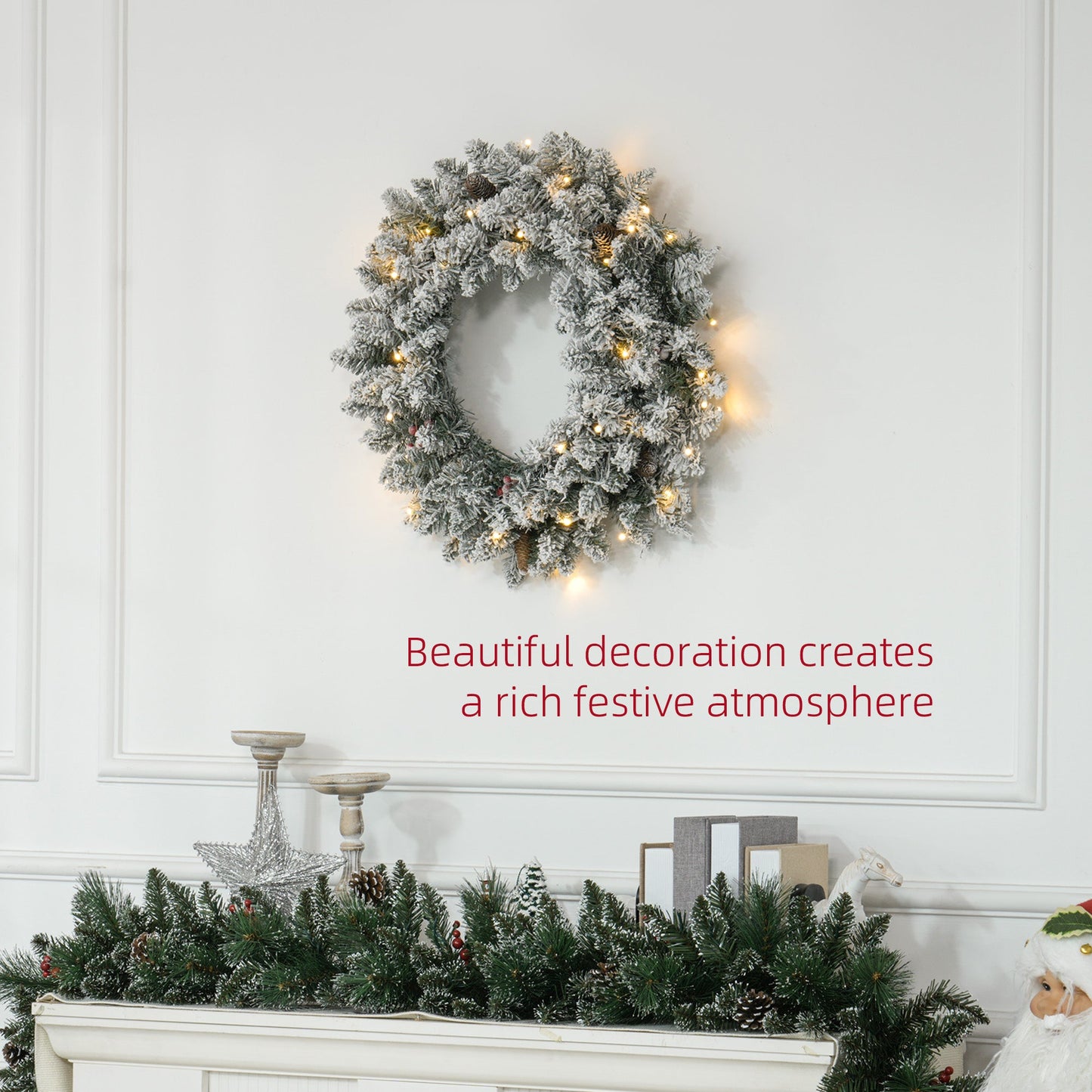 Beautiful snowy 60-inch Christmas wreath with pinecones, berries & warm LED lights — lifelike branches styled to create a rich festive atmosphere.