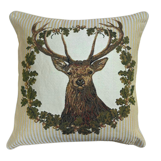 Stag beige cushion cover in tapestry weave with panelled design, rustic charm, and neutral tones for countryside-inspired styling.