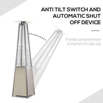 Stainless steel flame tower patio heater with automatic shut-off device, silver freestanding 10.5KW garden heater with built-in safety feature