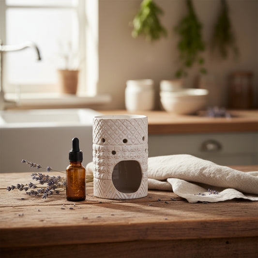 Stoneware wax melt burner with geometric pattern on kitchen table with lavender, essential oils and linen cloth
