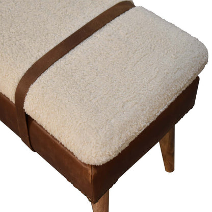 The Calder Tether – Bouclé & Buffalo Hide Bench with Oak - ish Legs - The Timeless Trading Co.