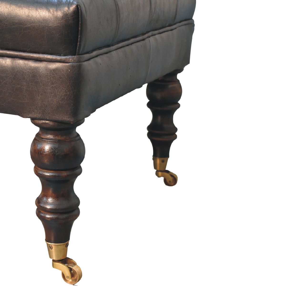 The Edgcumbe Ottoman – Ash Black Buffalo Hide & Castor - Leg Seat - The Timeless Trading Co.